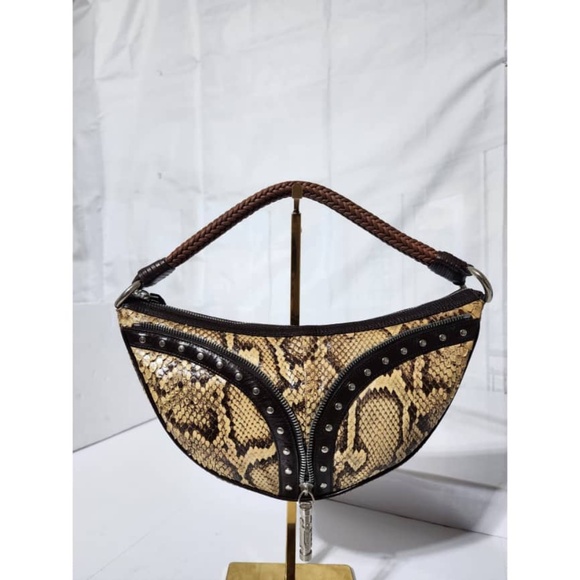 Authentic VERSACE Snake Skin Studded Bag Brown/Beige - Picture 1 of 12